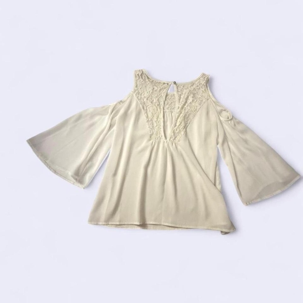 Mittoshop Cream Lace Cold Shoulder Bell Sleeve Blouse‎ Top T6075 Small